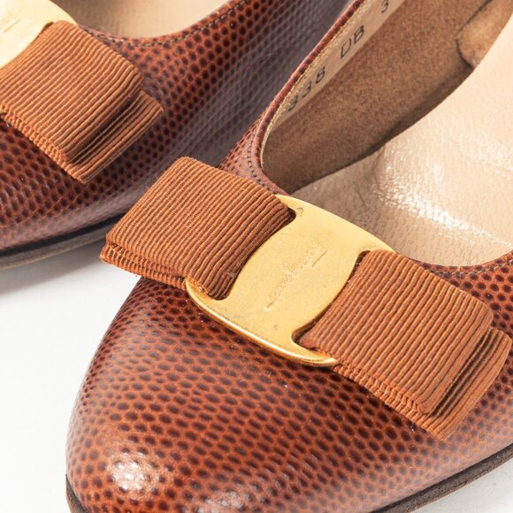 Salvatore Ferragamo Boutique Lillaz Tan Lizard-Embossed Bow Pumps - Picture 7 of 10